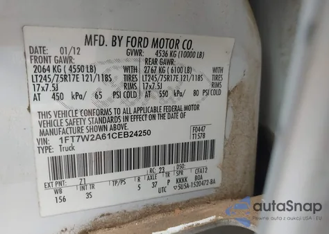 2012 Ford F-250 Xlt z USA, uszkodzony, nr VIN 1FT7W2A61CEB24250